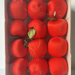Vintage NOS 12 Decorator Apples in Original Box – Rauch Industries, Red Satin Fruit Ornaments